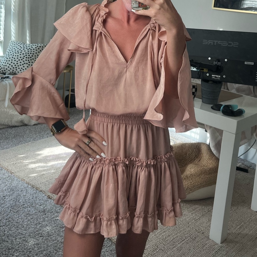 Misa Los Angeles Pink Ruffled Bell Sleeve Sundress